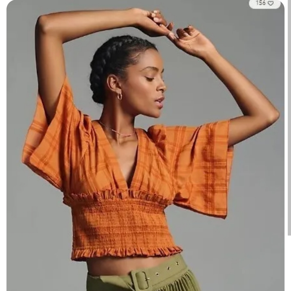 Anthropologie Plunging V-Neck Smocked Kimono Blouse in Copper - Size XS